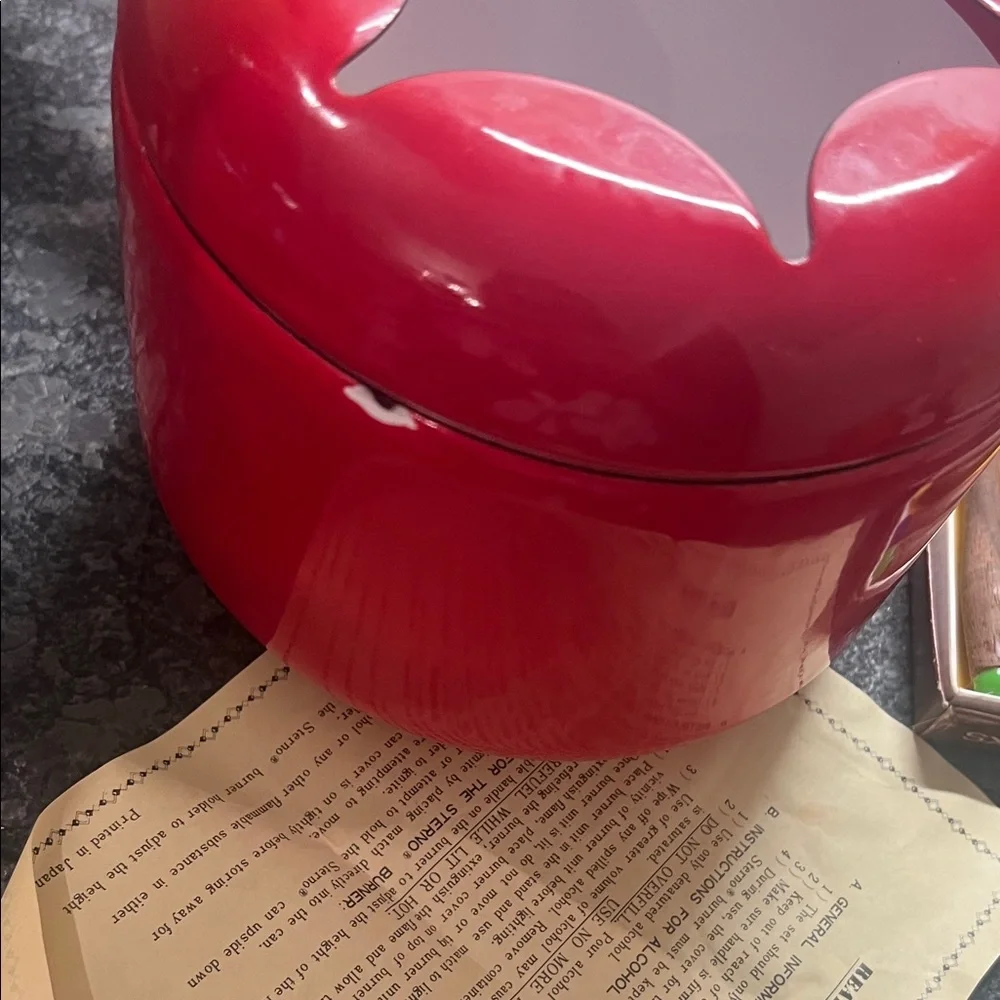 Vintage Red Fondue Set with 4 Forks. Fuel burning. New inbox.